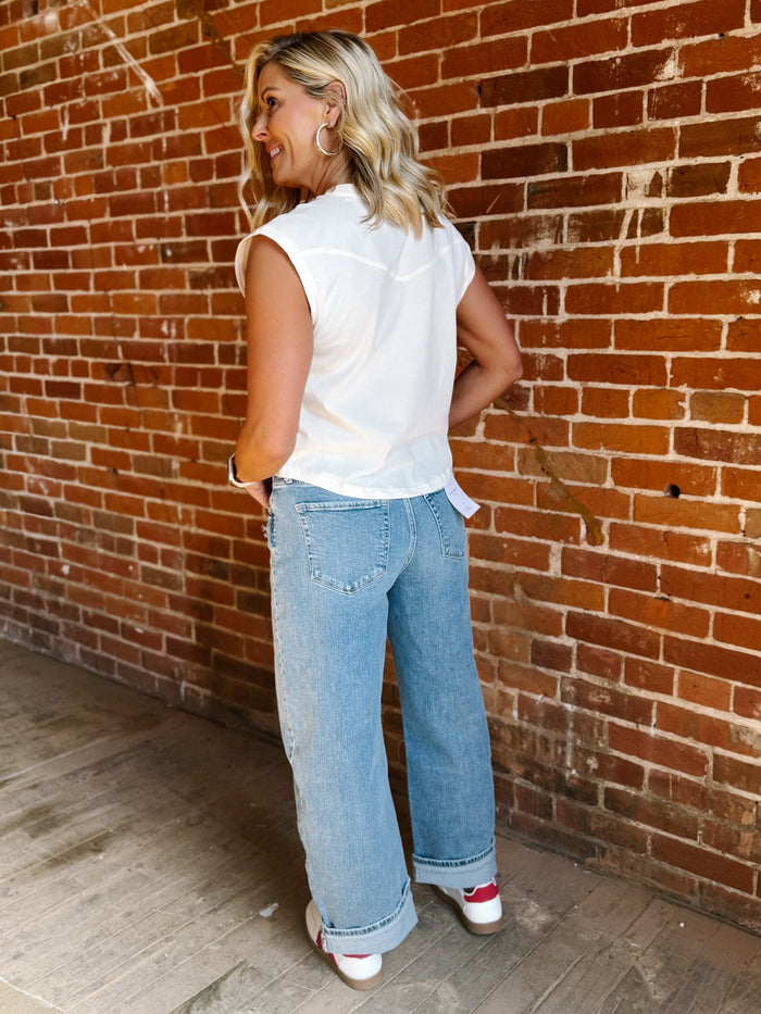 Ariat Wild West Cropped Sleeveless Tee, Sea Salt