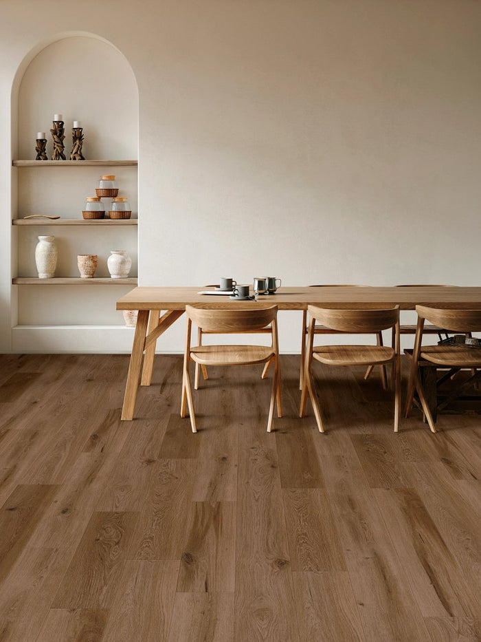 COREtec CR504 Retro Revival Cinnamon Bark Oak installed in warm rustic farmhouse kitchen