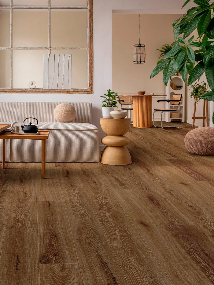 COREtec CR504 Retro Revival Crimson Flame Oak installed in dramatic dining room interior