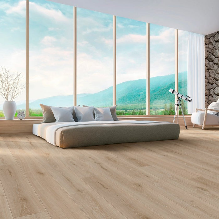 COREtec CR504 Retro Revival Soft Taupe Oak installed in minimalist modern bedroom