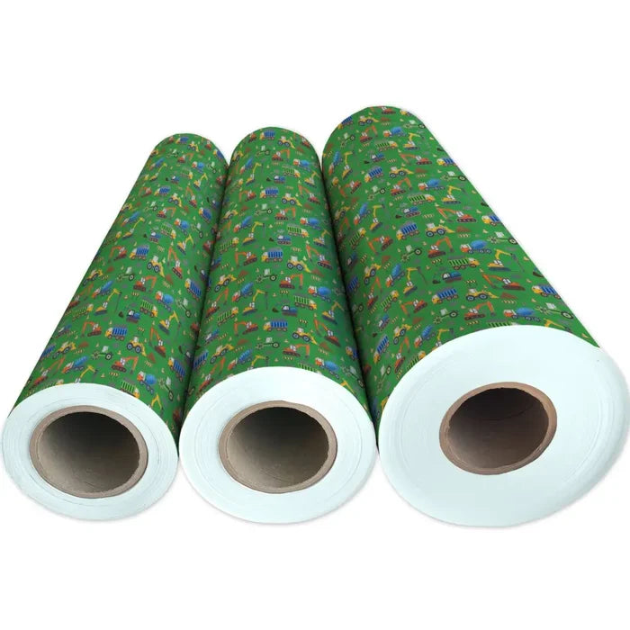Gift Wrap - Construction Trucks Green - Recycled Fiber