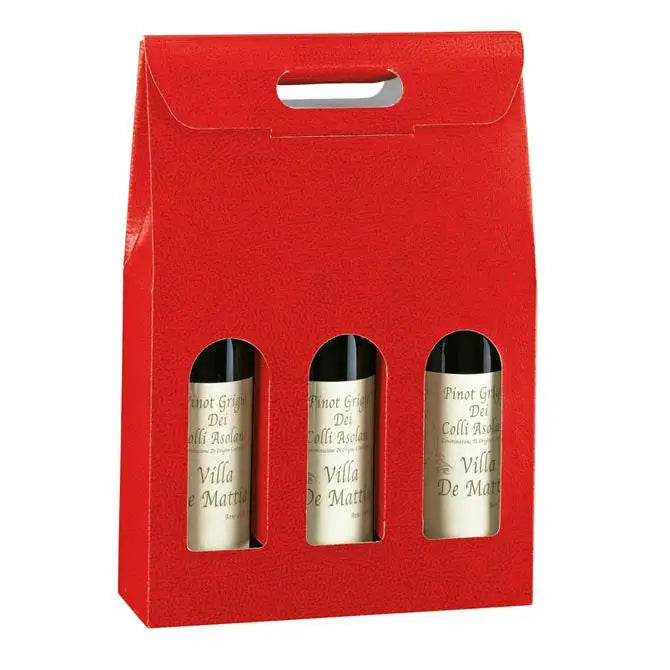 Pelle Rosso - 3 Bottle Carrier - Red Pebble Embossed 10-5/8 x 3-1/2 x 15 30/cs - Mac Paper Supply