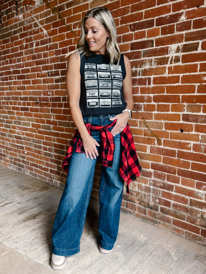 Ryla Frayed Hem Button Up Plaid, Red