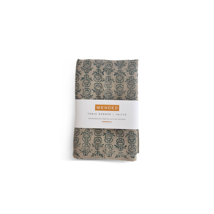 18x90 Hand Block Printed Table Runner in Protea, Midnight