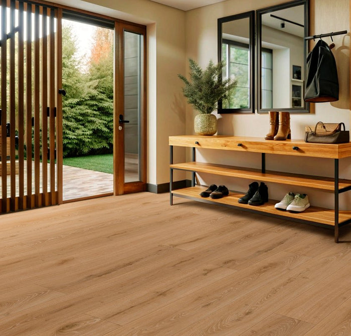 COREtec CR504 Retro Revival Autumn Oak installed in warm transitional entryway with natural light