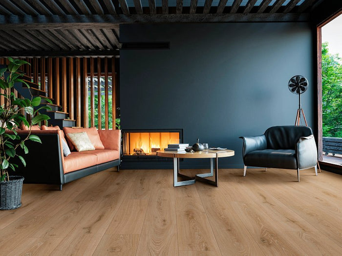 COREtec CR504 Retro Revival Mocha Field Oak installed in contemporary open-concept living area with light walls