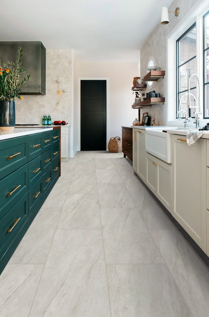 COREtec Natural Opula Opal Travertine installed in bright contemporary bathroom with pale stone aesthetic