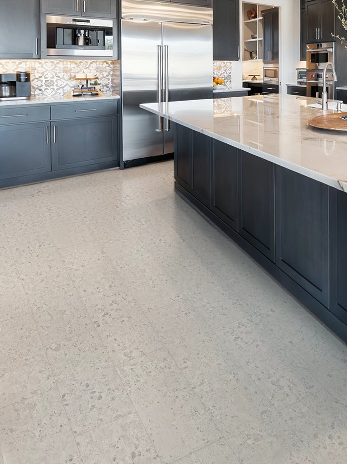 COREtec CRT02 Balanced Retreat Morning Fog Terrazzo waterproof luxury vinyl tile installed in a room setting