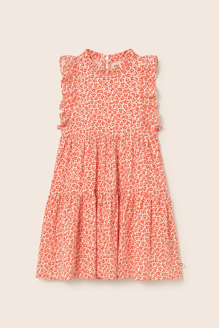 Cozmo- Perla Animal Print Cotton Dress in Tomato