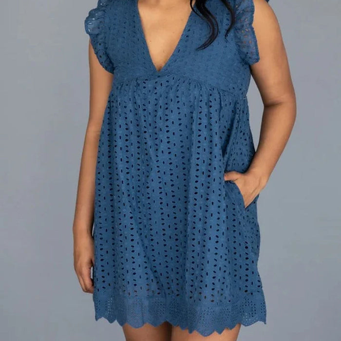 Elegant Lace V Neck Hollow Dress with Pocket