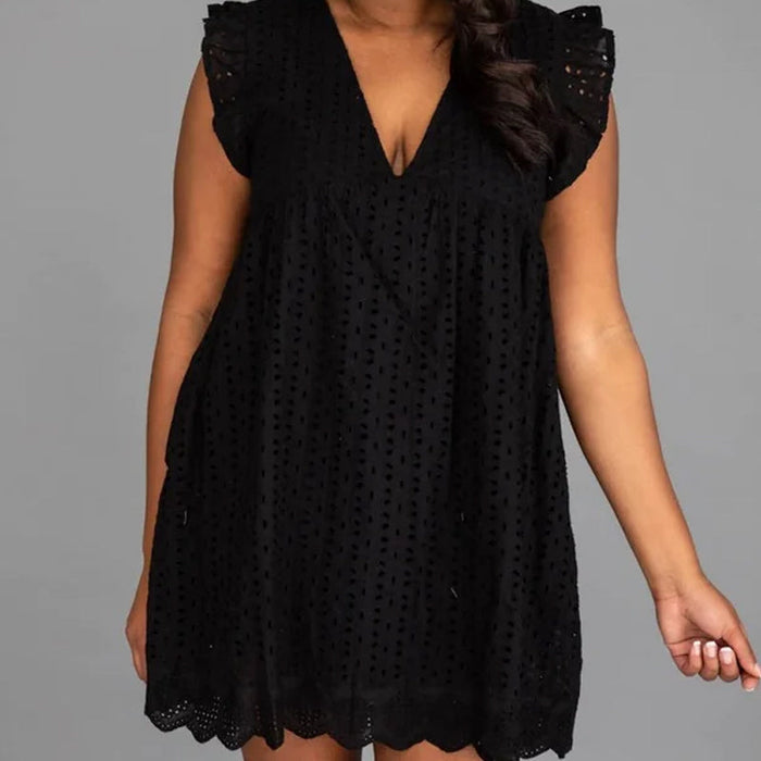 Elegant Lace V Neck Hollow Dress with Pocket