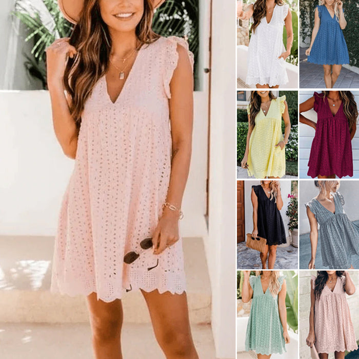 Elegant Lace V Neck Hollow Dress with Pocket