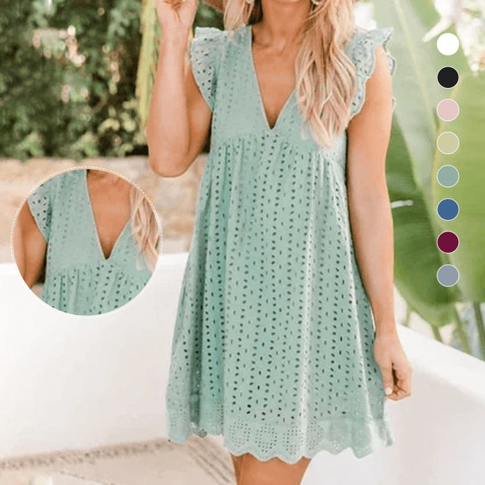 Elegant Lace V Neck Hollow Dress with Pocket