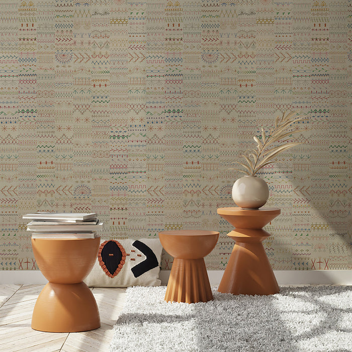 Embroidery Study - Lazy Daisy Grasscloth Wallpaper - The Detroit Wallpaper Co.
