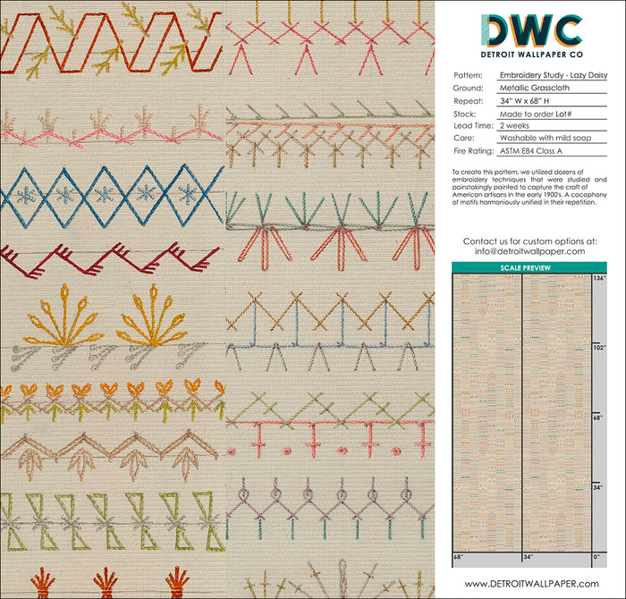 Embroidery Study - Lazy Daisy Grasscloth Wallpaper - The Detroit Wallpaper Co.
