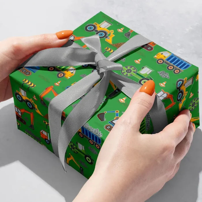 Gift Wrap - Construction Trucks Green - Recycled Fiber