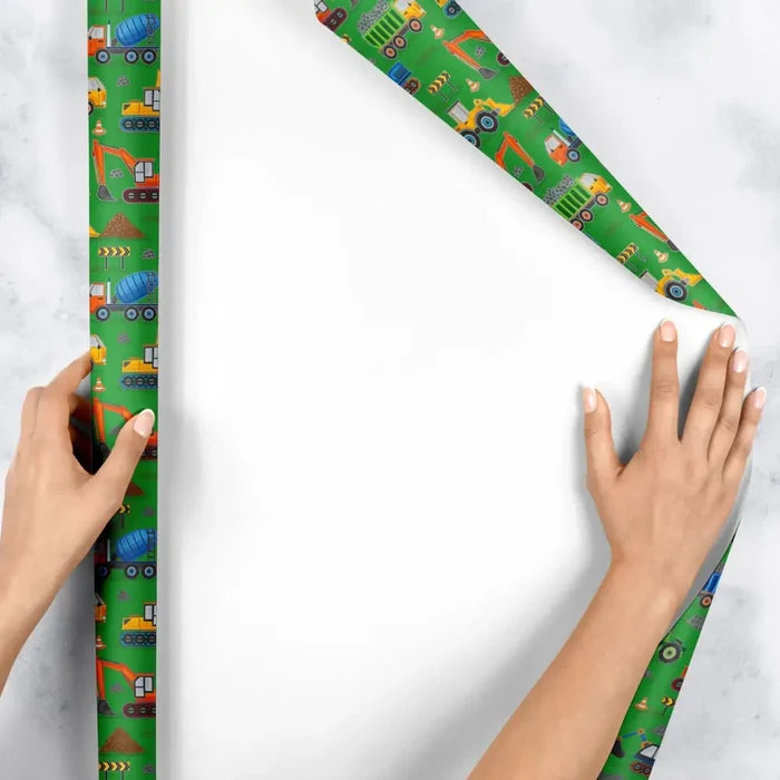Gift Wrap - Construction Trucks Green - Recycled Fiber