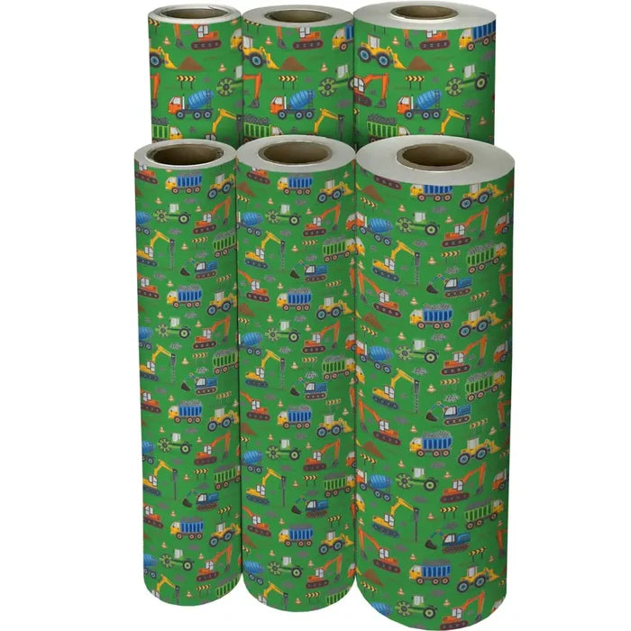 Gift Wrap - Construction Trucks Green - Recycled Fiber