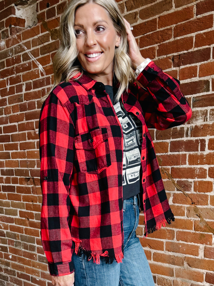 Ryla Frayed Hem Button Up Plaid, Red