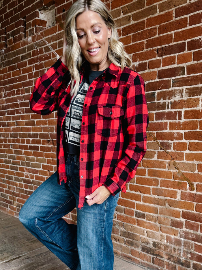 Ryla Frayed Hem Button Up Plaid, Red