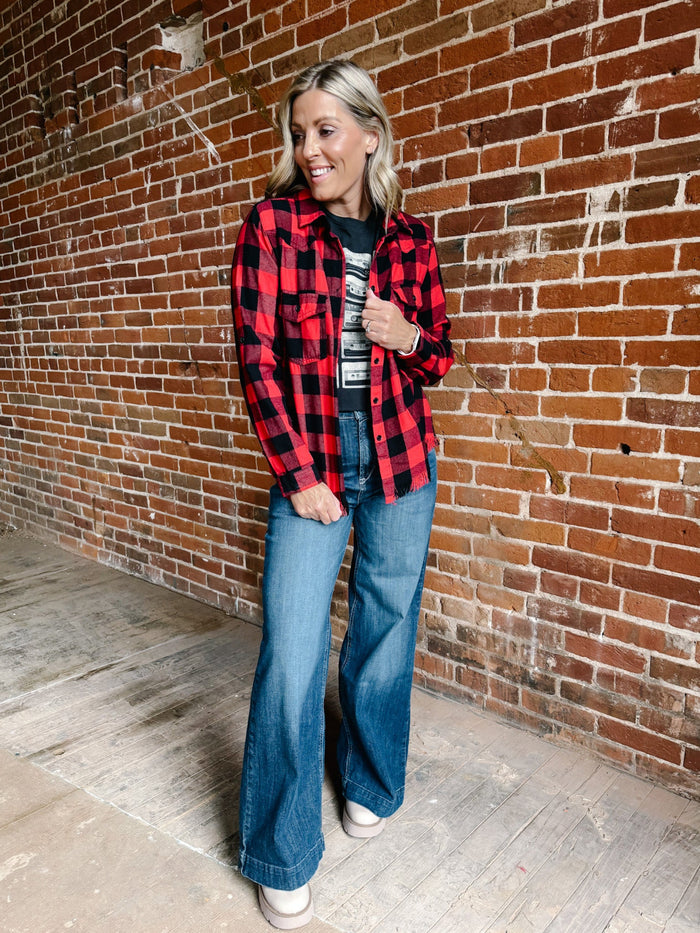 Ryla Frayed Hem Button Up Plaid, Red