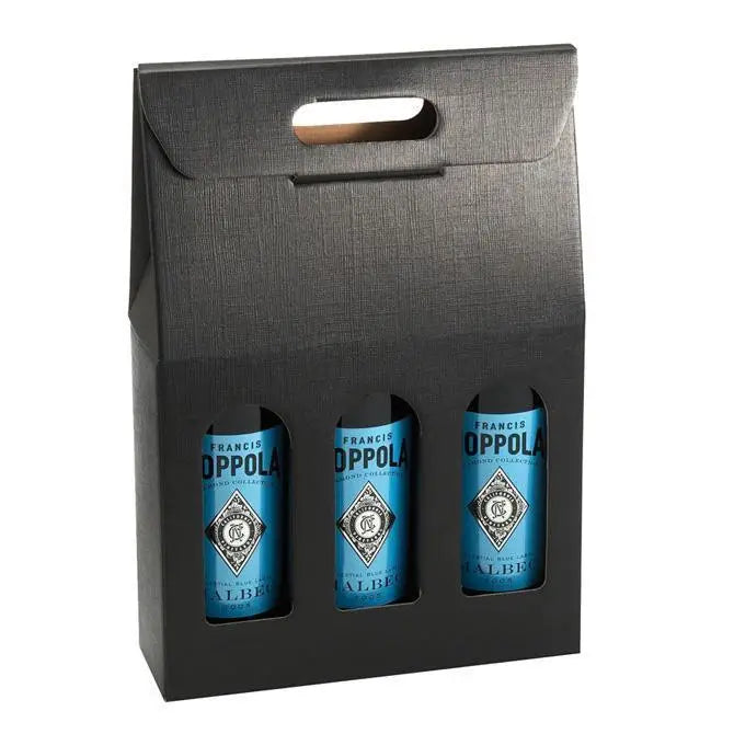 Seta Nero - 3 Bottle Carrier - Black Embossed 10-5/8 x 3-1/2 x 15     30/cs - Mac Paper Supply