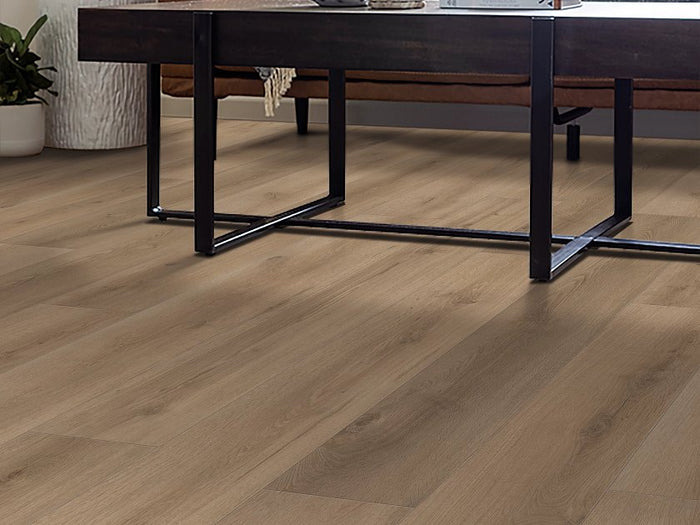 Shaw Aspire Natural Bevel Coastal Drift installed in bright airy coastal living room