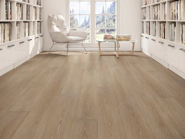 Shaw Aspire Natural Bevel Nomadic Brown installed in warm transitional living room