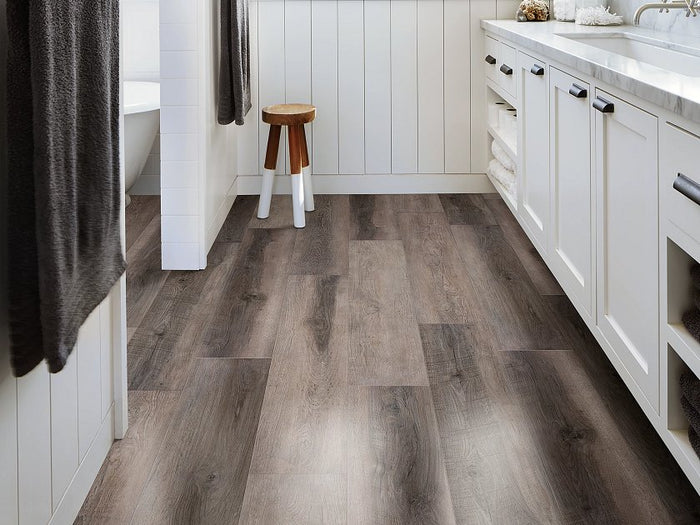 Shaw Aspire Natural Bevel Uncharted Grey installed in bold modern contemporary living room