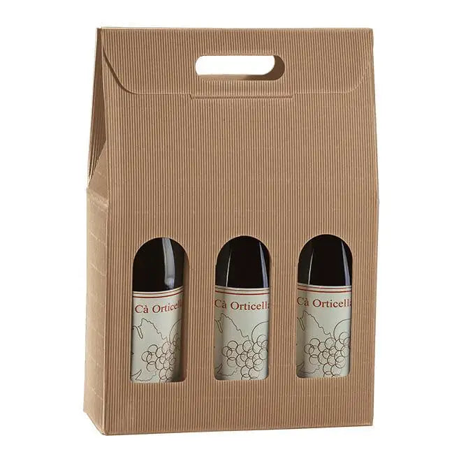 Tawny Textured Rib - 3 Bottle Carrier - Natural Kraft EFlute Finish-  10-5/8 x 3-1/2 x 15     30/cs - Mac Paper Supply